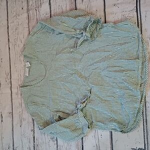 Vermont Country Store White Green Cotton Seersucker Tie Sleeve Blouse S